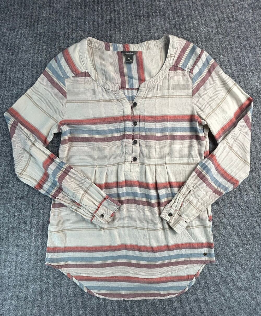 Eddie Bauer Women's XS Striped Henley Shirt Long Sleeve Lightweight Pullover Top